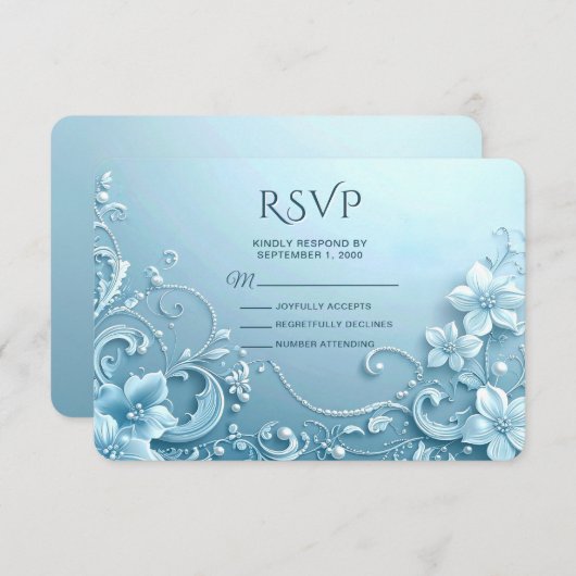Blue Decorative Floral RSVP Card (Vorne/Hinten)