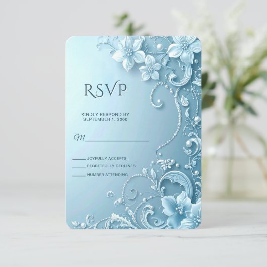 Blue Decorative Floral RSVP Card (Stehend Vorderseite)
