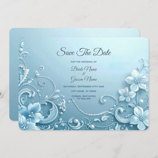 Blue Decorative Floral Save The Date (Vorne/Hinten)