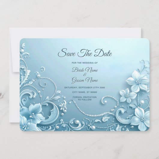 Blue Decorative Floral Save The Date (Vorderseite)