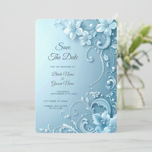 Blue Decorative Floral Save the Date (Stehend Vorderseite)