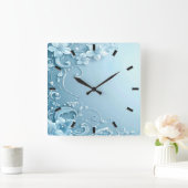 Blue Decorative Floral Wall Clock Quadratische Wanduhr (Zuhause)