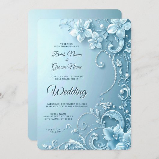 Blue Decorative Floral Wedding Invitation Einladung (Vorne/Hinten)
