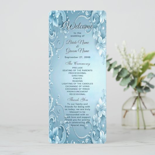Blue Decorative Floral Wedding Program Programm (Stehend Vorderseite)