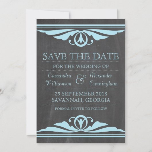 Blue Deko Chalkboard Save the Date einladen (Vorderseite)