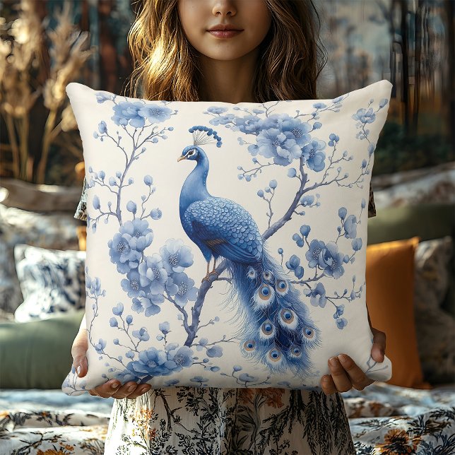 Blue Delft Peacock Elegantes Zimmer Kissen (Von Creator hochgeladen)