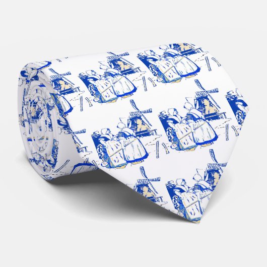 Blue Delft Style Dutch Women bei Windmill, Krawatte (Gerollt)