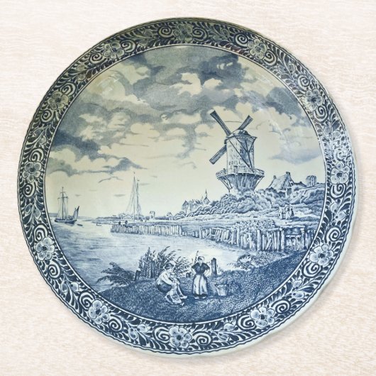 Blue Delft Windmill Dutch Plate Runder Pappuntersetzer (Vorderseite)