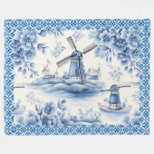 Blue Delft Windmill Floral Tile Border Fleecedecke (Vorderseite (Horizontal))