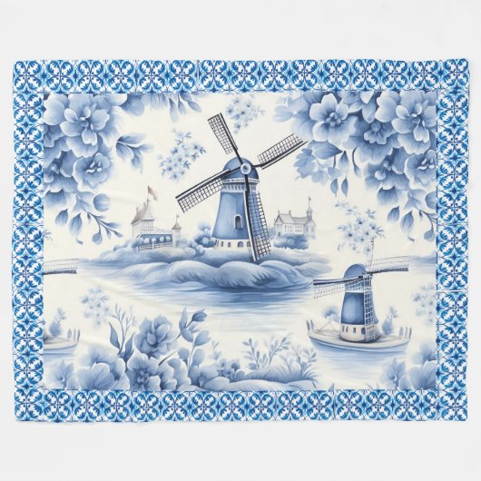 Blue Delft Windmill Floral Tile Border Fleecedecke (Vorderseite (Horizontal))