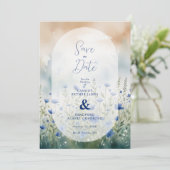 Blue Delicate Romantic Wildflowers Field Wedding Save The Date (Stehend Vorderseite)