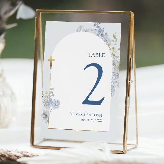 Blue Delphinium Floral Boy Baptism Table Number Einladung