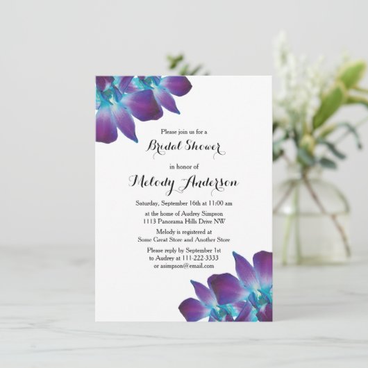 Blue Dendrobium Orchid Bridal Dusche Einladung (Stehend Vorderseite)