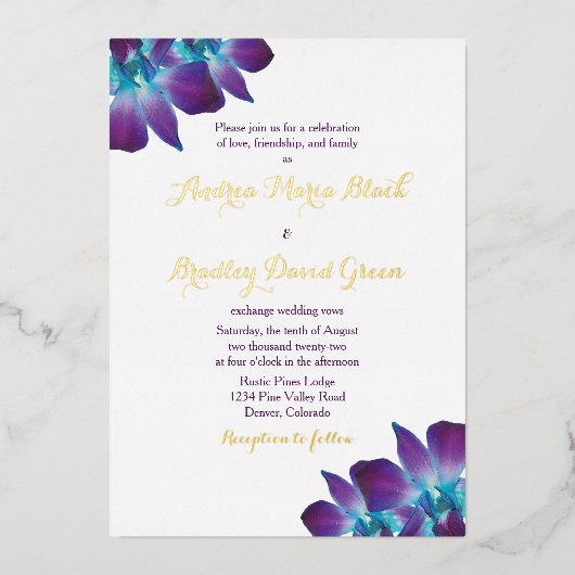 Blue Dendrobium Orchid Gold Hochzeit Einladung (Vorderseite)