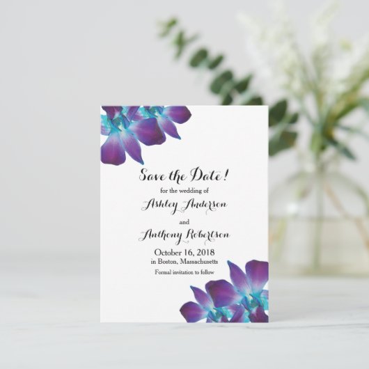 Blue Dendrobium Orchid Wedding Save the Date (Stehend Vorderseite)
