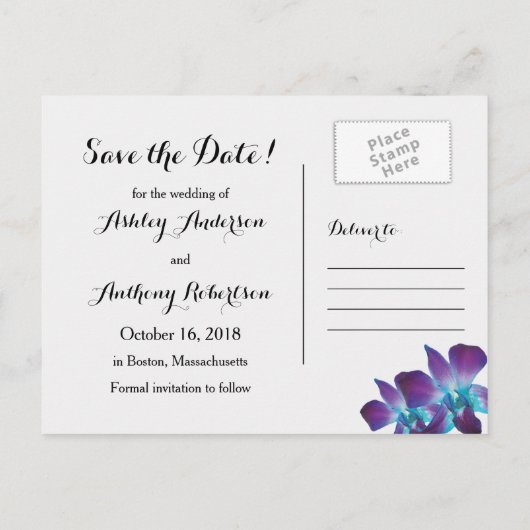 Blue Dendrobium Orchid Wedding Save the Date Ankündigungspostkarte (Rückseite)