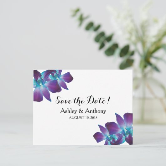 Blue Dendrobium Orchid Wedding Save the Date Ankündigungspostkarte (Stehend Vorderseite)