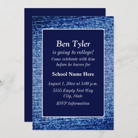 Blue Denim - "Aus in die Uni" einladen Einladung (Vorne/Hinten)