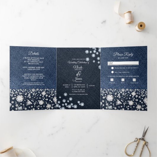 Blue Denim & Diamonds Glam Trifold Wedding Program Dreifach Gefaltete Einladung (Innenseite)