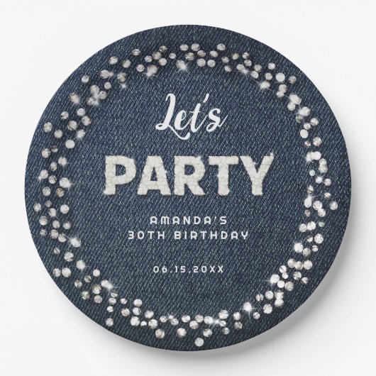 Blue Denim Diamonds Glitzer Kristall Let's Party Pappteller (Vorderseite)