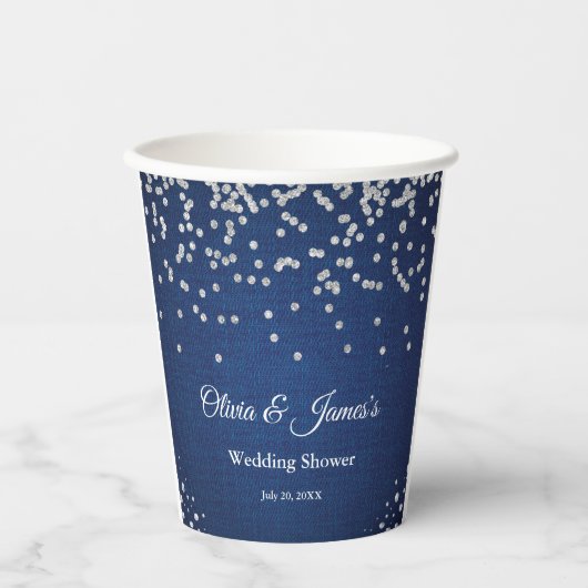 Blue Denim Diamonds Pearls Couple's Polterabend Pappbecher (Vorderseite)