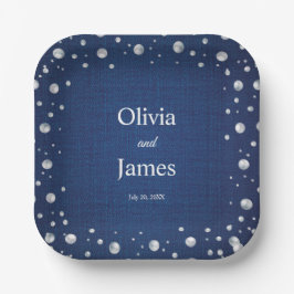 Blue Denim Diamonds Pearls Wedding Couple Dusche Pappteller