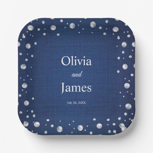 Blue Denim Diamonds Pearls Wedding Couple Dusche Pappteller (Vorderseite)