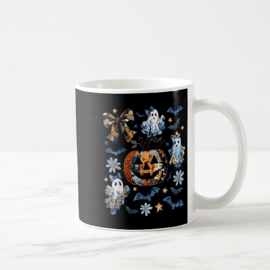 Blue Denim Floral Patchwork Pumpkin Ghost Coquette Kaffeetasse (Rechts)