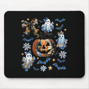 Blue Denim Floral Patchwork Pumpkin Ghost Coquette Mousepad