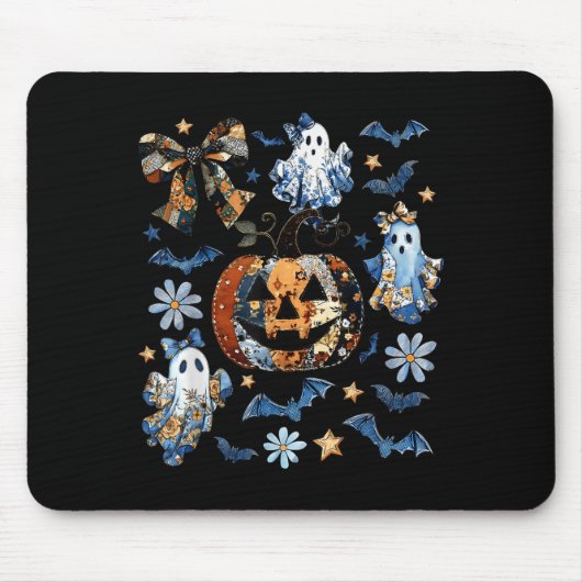 Blue Denim Floral Patchwork Pumpkin Ghost Coquette Mousepad (Vorne)
