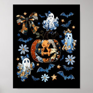 Blue Denim Floral Patchwork Pumpkin Ghost Coquette Poster