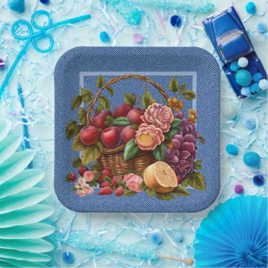 Blue Denim Fruit And Flowers Pappteller (Party)