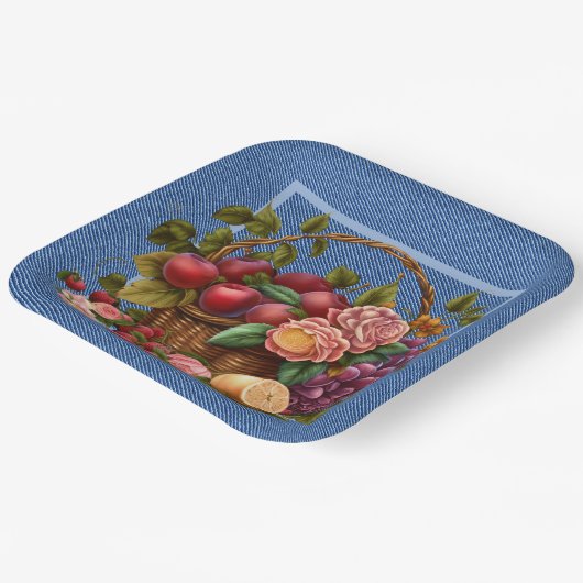Blue Denim Fruit And Flowers Pappteller (Gewinkelt)