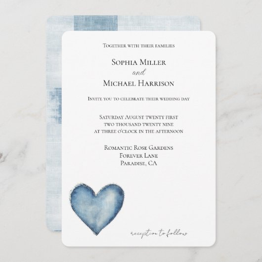 Blue Denim Jean Heart Wedding Einladung (Vorne/Hinten)