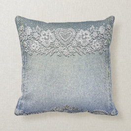 Blue Denim Jean & White Heart Lace Kissen