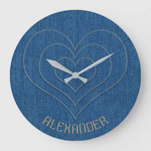 Blue Denim Jeans Fabric 3 Hearts Name Personalized Große Wanduhr