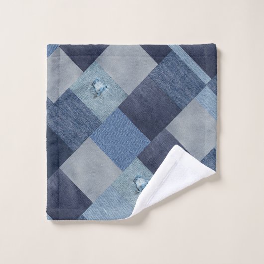 Blue Denim Jeans Patchwork Badhandtuch Set (Waschlappen)
