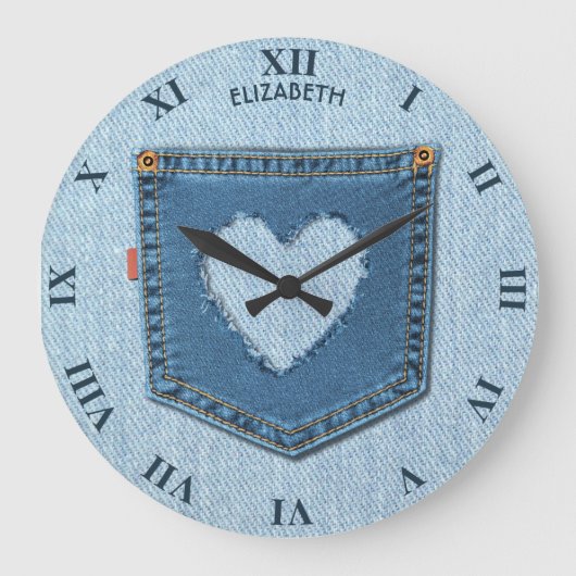Blue Denim Jeans Pocket in Herzform Cooles Design Große Wanduhr (Vorderseite)