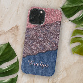 Blue Denim Jeans Rose Gold Pink Glitzer Muster iPhone Hülle