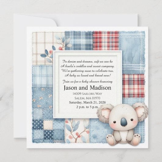 Blue Denim Koala Baby Shower Invitation Einladung (Vorderseite)