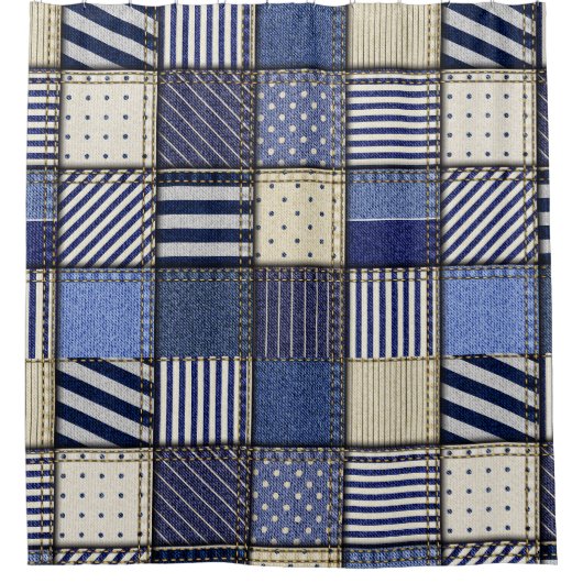 Blue Denim Patchwork Duschvorhang (Vorderseite)