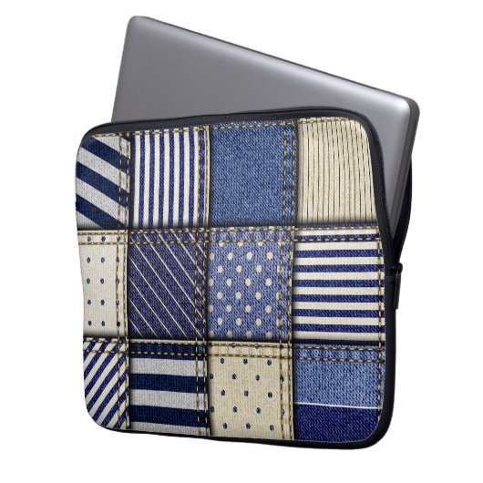 Blue Denim Patchwork Laptopschutzhülle (Vorderseite Links)
