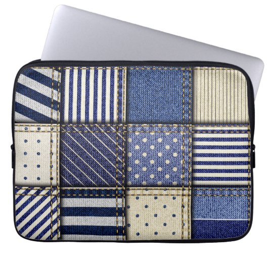 Blue Denim Patchwork Laptopschutzhülle (Vorderseite)