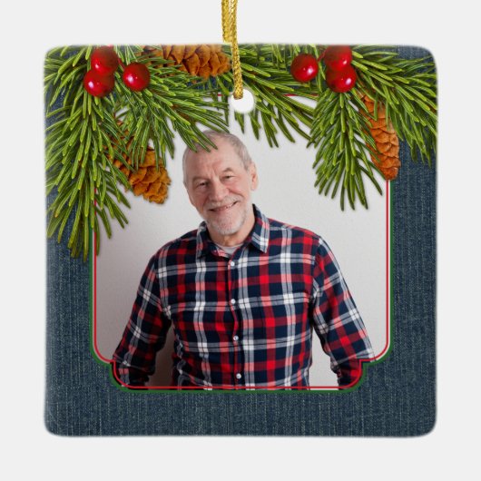 Blue Denim Pine Boughs Memorial Foto Weihnachten Keramikornament (Vorderseite)