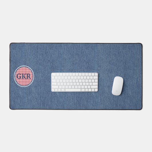 Blue Denim Print Monogram Red & White Karo Schreibtischunterlage (Tastatur & Maus)