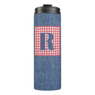 Blue Denim, Red & White Karo, Large Initial 12oz Thermosbecher