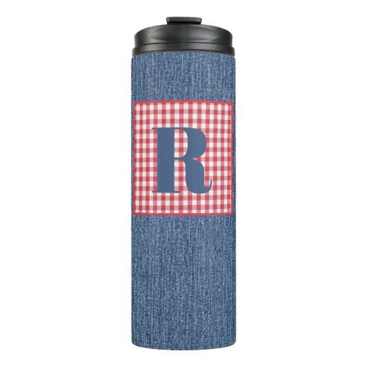Blue Denim, Red & White Karo, Large Initial 12oz Thermosbecher (Vorderseite)