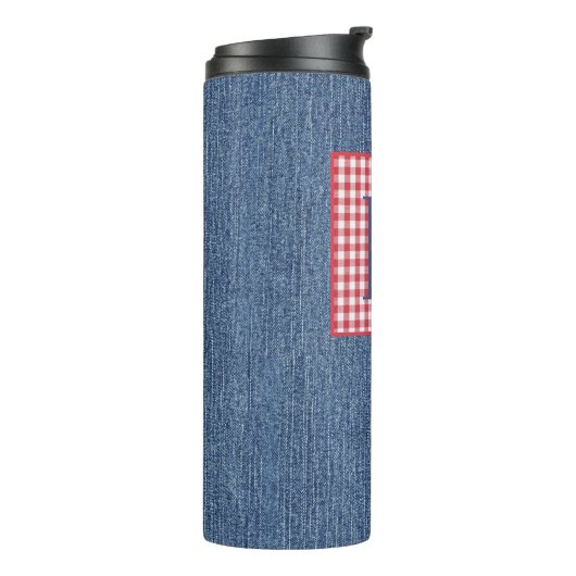 Blue Denim, Red & White Karo, Large Initial 12oz Thermosbecher (Nach links gedreht)