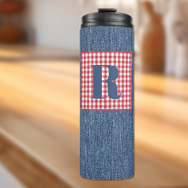Blue Denim, Red & White Karo, Large Initial 12oz Thermosbecher