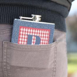Blue Denim, Red & White Karo, Large Initial 6oz Flachmann